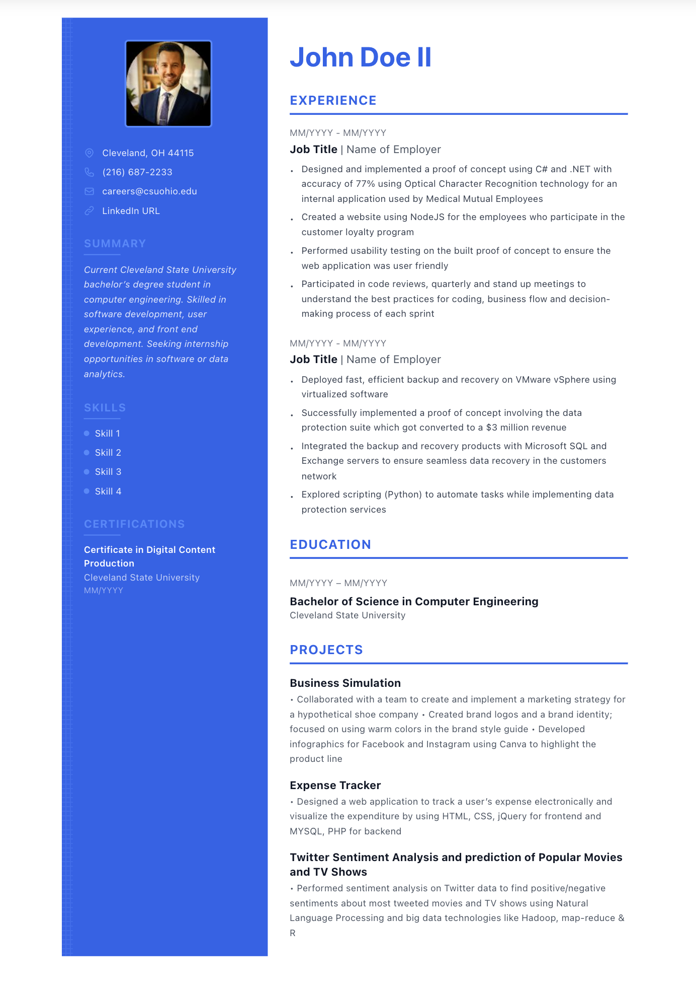 Free Cascade ATS-friendly resume template — Modern, Professional, Two columns design